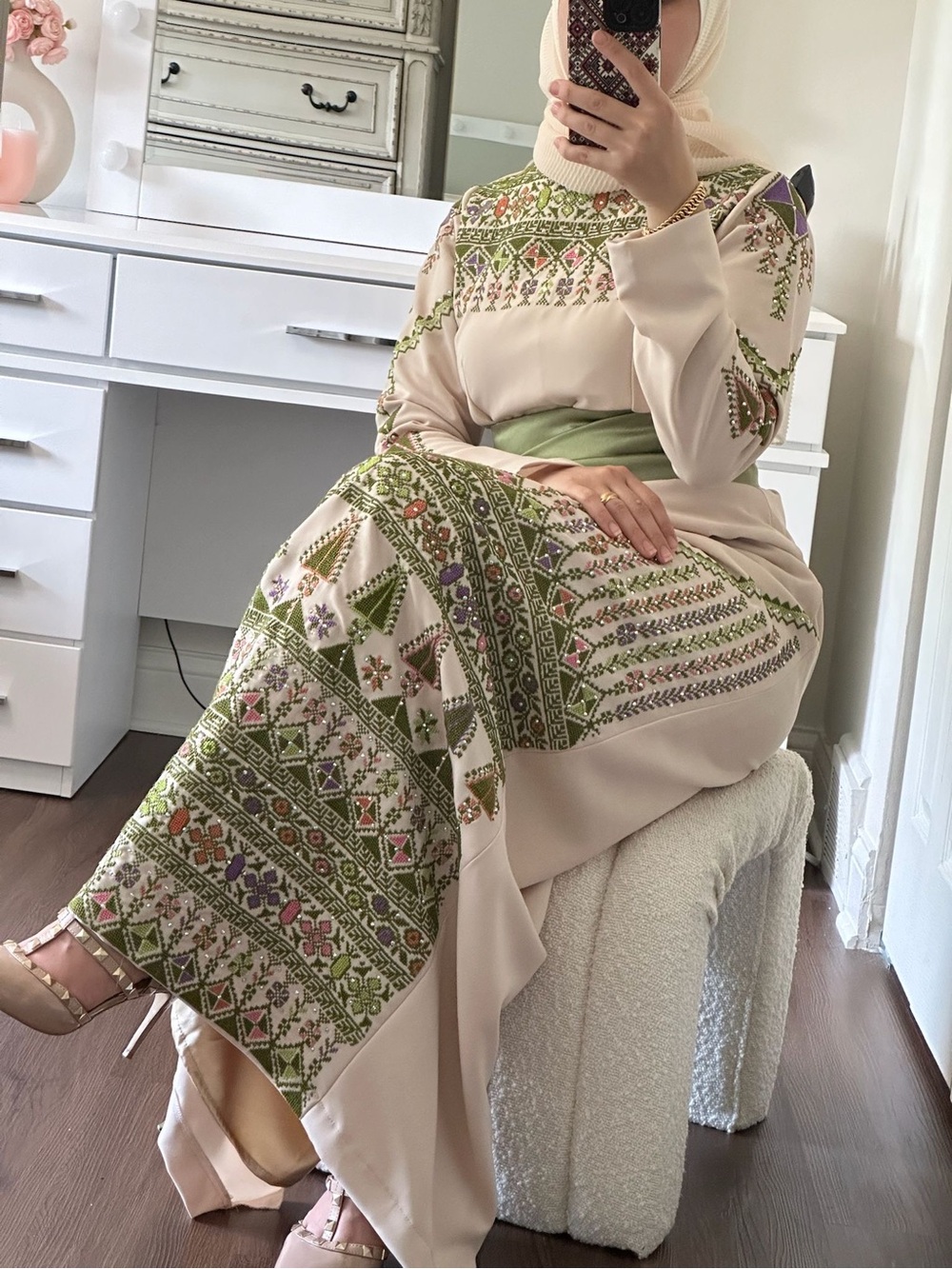 Embroidered Modest Maxi Dress in Beige and Green
